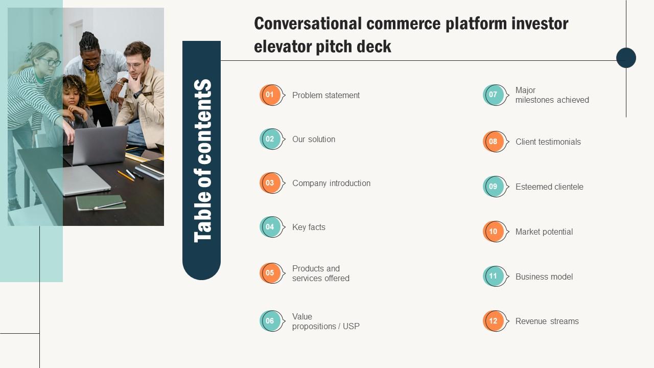 Table Of Contents Conversational Commerce Platform Investor Elevator Pitch Deck