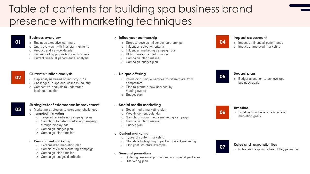 Table Of Contents For Building Spa Business Brand Presence With Marketing Techniques Pictures Pdf