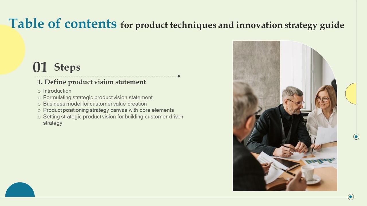 Table Of Contents For Product Techniques And Innovation Strategy Guide Topics PDF