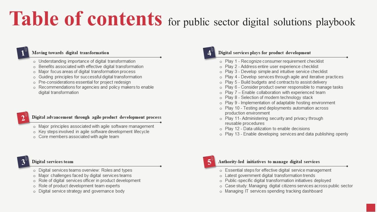 Table Of Contents For Public Sector Digital Solutions Playbook Topics Pdf