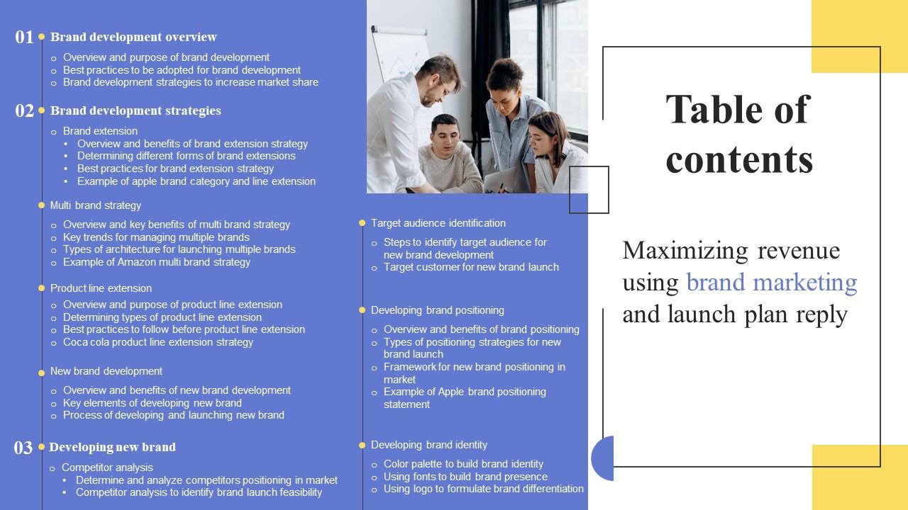 Table Of Contents Maximizing Revenue Using Brand Marketing And Launch Plan Reply Inspiration Pdf