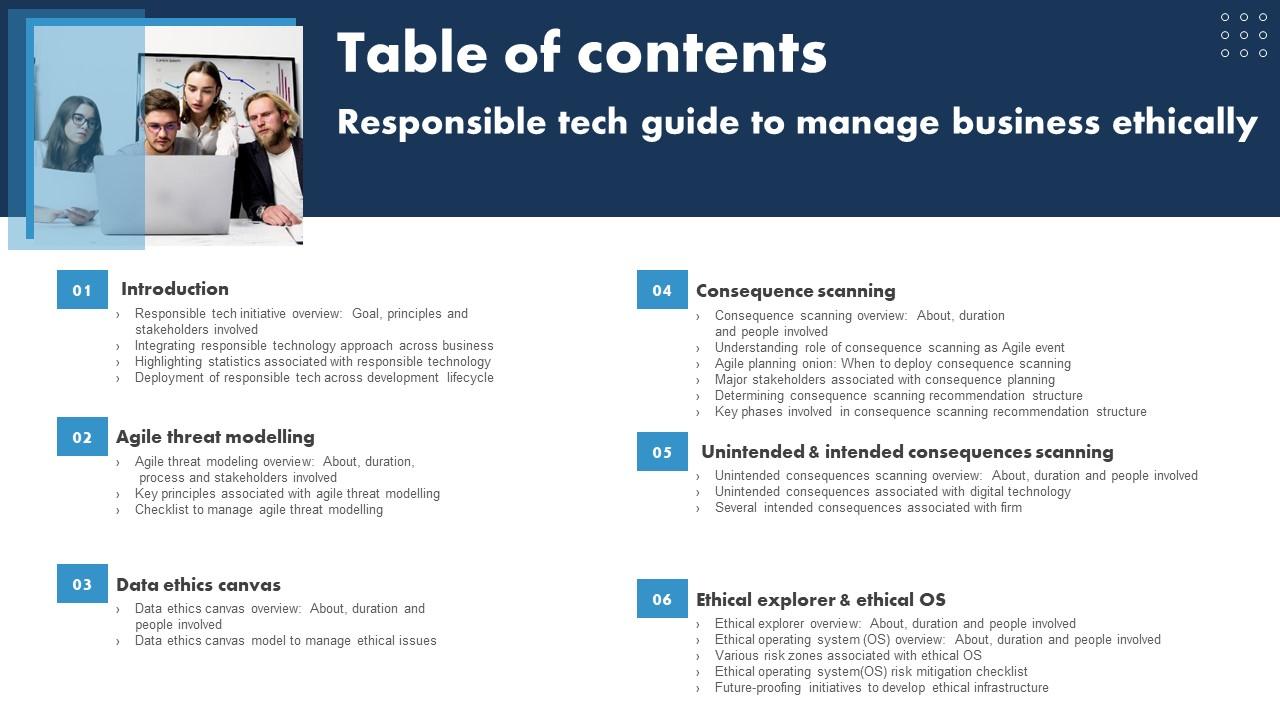 Table Of Contents Responsible Tech Guide To Manage Business Ethically Formats Pdf