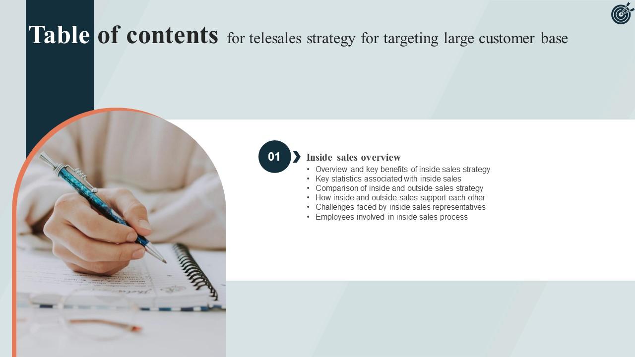 Table Of Contents Telesales Strategy For Targeting Large Customer Base Strategy SS V