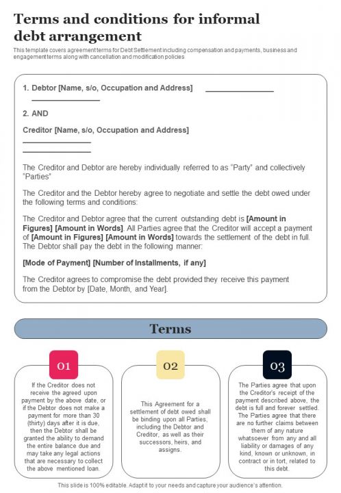 Terms And Conditions For Informal Debt Arrangement One Pager Sample Example Document