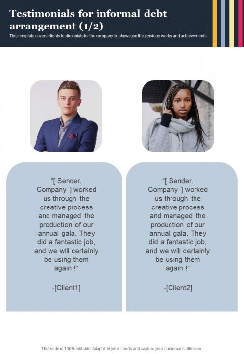 Testimonials For Informal Debt Arrangement One Pager Sample Example Document