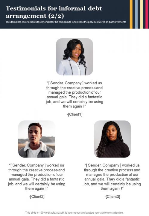 Testimonials For Informal Debt Arrangement One Pager Sample Example Document