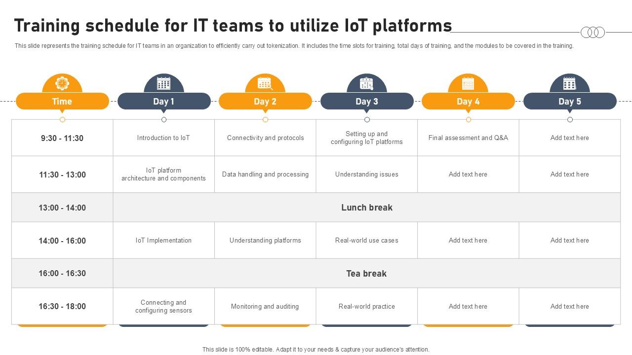 Training Schedule For It Teams To Utilize Iot Platforms Aws IOT Platform Ppt Example