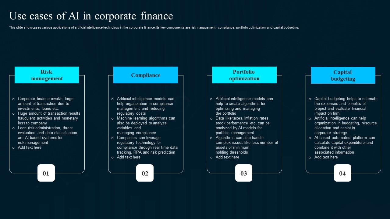 Use Cases Of Ai In Corporate Finance Artificial Intelligence Applications Background Pdf