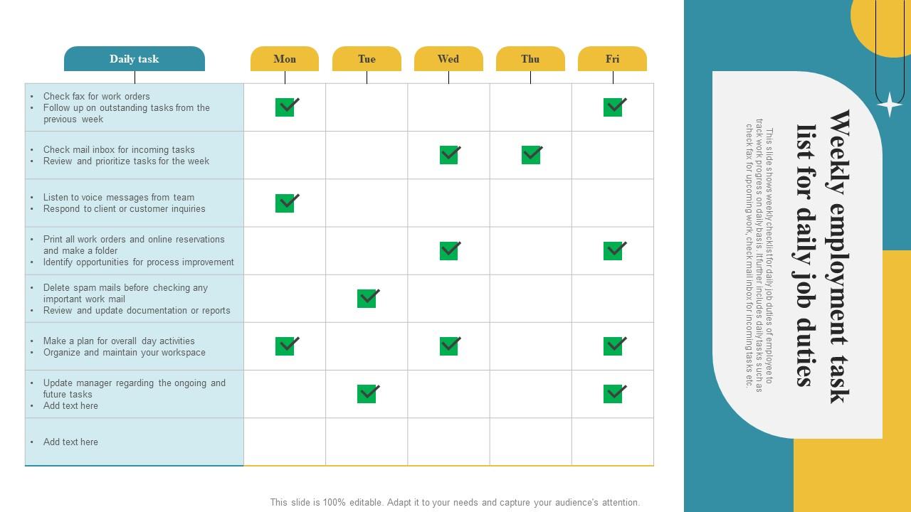 Weekly Employment Task List For Daily Job Duties Guidelines Pdf