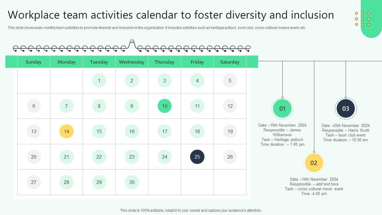 Workplace Team Activities Calendar To Foster Diversity Analysing Hr Data For Effective Decision Making