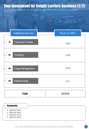 Your Investment For Freight Carriers Business One Pager Sample Example Document Slide02