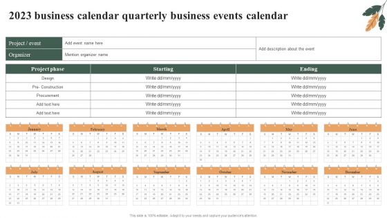 2023 Business Calendar Quarterly Business Events Calendar Slides PDF