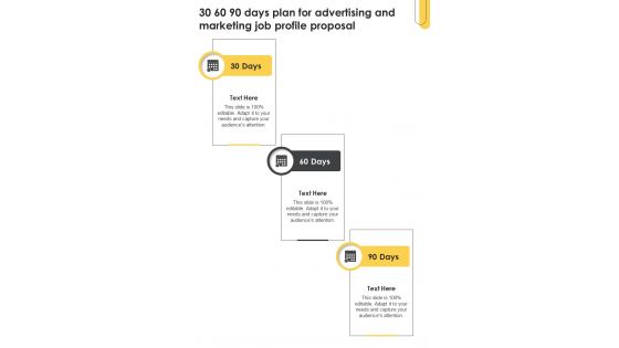 30 60 90 Days Plan For Advertising And Marketing Job Profile Proposal One Pager Sample Example Document