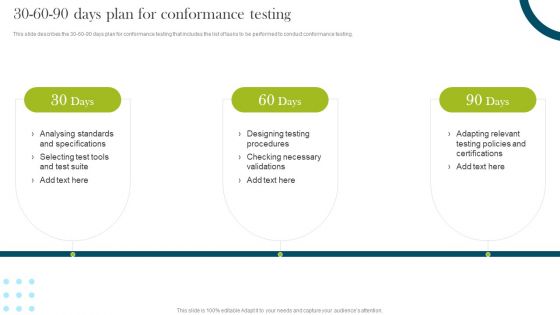 30 60 90 Days Plan For Conformance Testing Compliance Assessment Ppt Slides Inspiration PDF