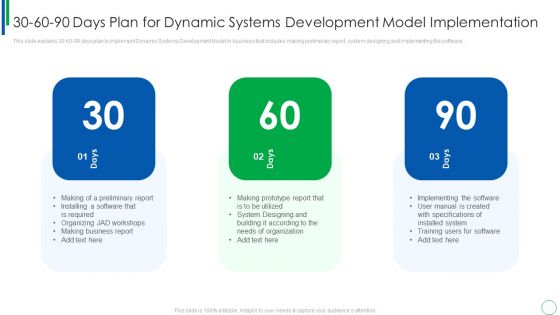 30 60 90 Days Plan For Dynamic Systems Development Model Implementation Structure PDF