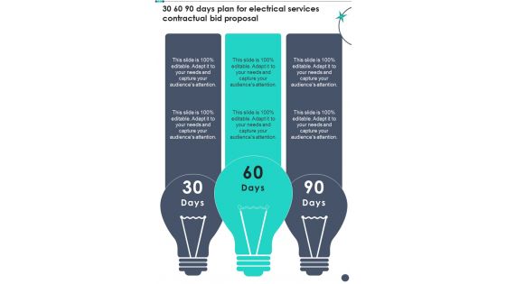 30 60 90 Days Plan For Electrical Services Contractual Bid Proposal One Pager Sample Example Document