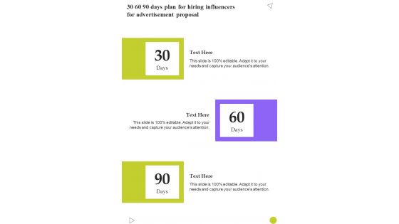 30 60 90 Days Plan For Hiring Influencers For Advertisement Proposal One Pager Sample Example Document
