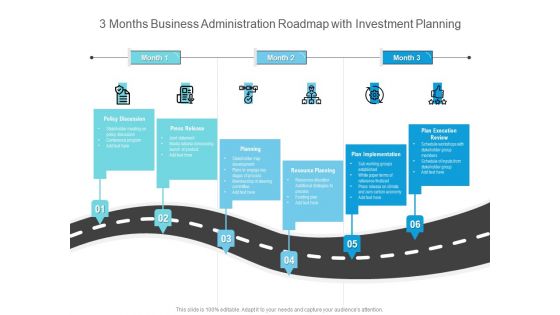 3 Months Business Administration Roadmap With Investment Planning Icons 3 Months Business Administration Roadmap With Investment Planning Icons