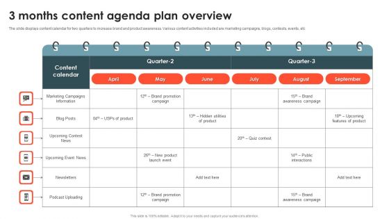 3 Months Content Agenda Plan Overview Portrait PDF