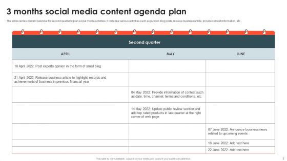 3 Months Content Agenda Ppt PowerPoint Presentation Complete With Slides