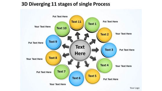 3d Diverging 11 Stages Of Single Process Ppt Charts And Diagrams PowerPoint Templates