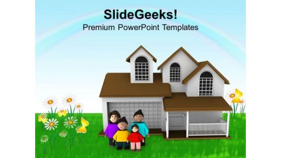 3d Happy Family Outside Their Home PowerPoint Templates Ppt Backgrounds For Slides 0713