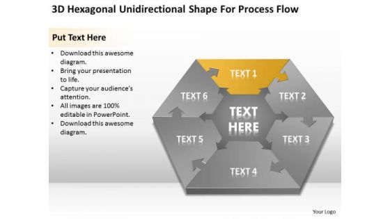 3d Hexagonal Unidirectional Shape For Process Flow Ppt Sample Business Plan PowerPoint Slides