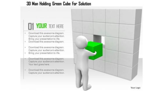 3d Man Holding Green Cube For Solution