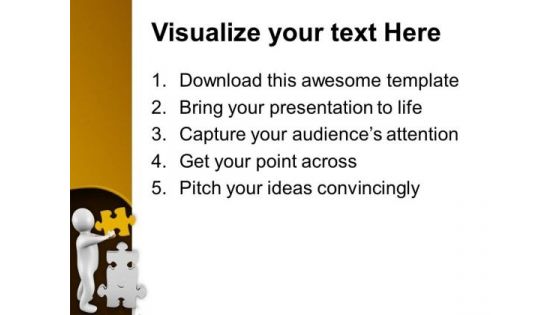 3d Man Putting Yellow Piece On Puzzle PowerPoint Templates Ppt Backgrounds For Slides 0713