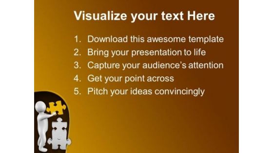 3d Man Putting Yellow Piece On Puzzle PowerPoint Templates Ppt Backgrounds For Slides 0713