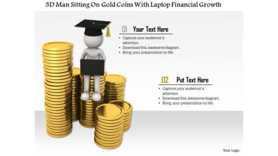 3d Man Sitting On Gold Coins With Laptop Financial Growth