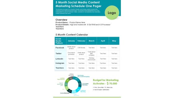 5 Month Social Media Content Marketing Schedule One Pager PDF Document PPT Template