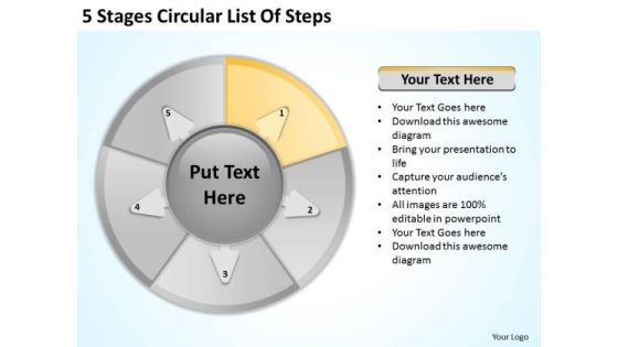 5 Stages Circular List Of Steps Sample Business Plans For Small PowerPoint Slides