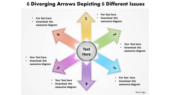 6 Diverging Arrows Depicting Different Issues Pie Process PowerPoint Slides
