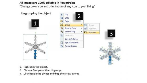 6 Stages Diverging Arrow Business Process Circular Spoke Network PowerPoint Templates