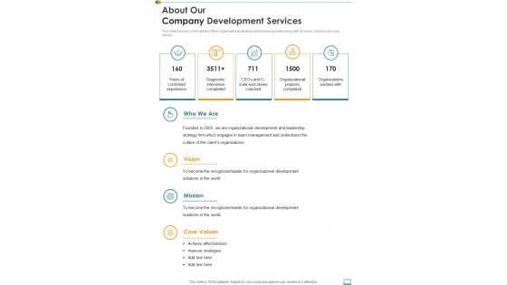 About Our Company Development Services One Pager Sample Example Document About Our Company Development Services One Pager Sample Example Document