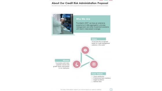 About Our Credit Risk Administration Proposal One Pager Sample Example Document