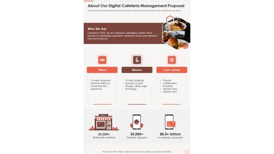 About Our Digital Cafeteria Management Proposal One Pager Sample Example Document About Our Digital Cafeteria Management Proposal One Pager Sample Example Document
