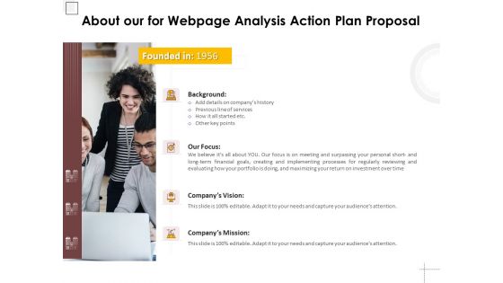 About Our For Webpage Analysis Action Plan Proposal Ppt PowerPoint Presentation Outline Graphics Tutorials PDF