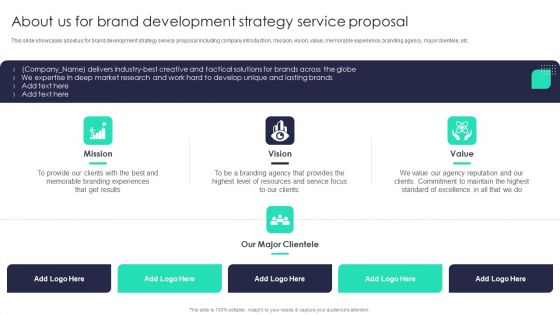 About Us For Brand Development Strategy Service Proposal Clipart PDF