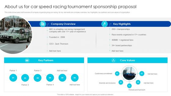 About Us For Car Speed Racing Tournament Sponsorship Proposal Ideas PDF