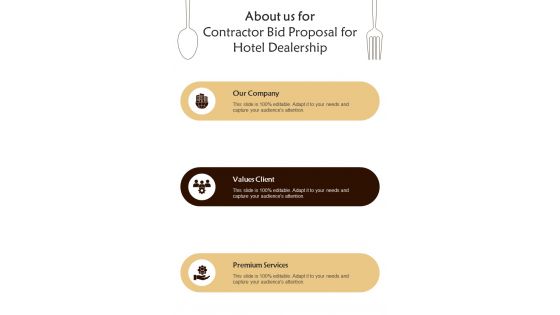 About Us For Contractor Bid Proposal For Hotel Dealership One Pager Sample Example Document