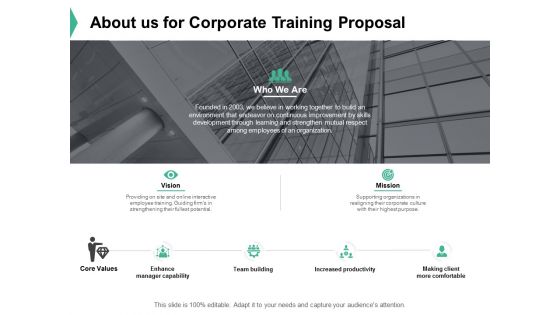 About Us For Corporate Training Proposal Ppt PowerPoint Presentation Ideas Graphics Template About Us For Corporate Training Proposal Ppt PowerPoint Presentation Ideas Graphics Template