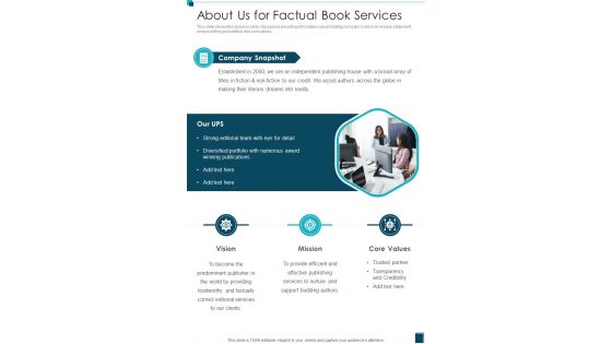 About Us For Factual Book Services One Pager Sample Example Document