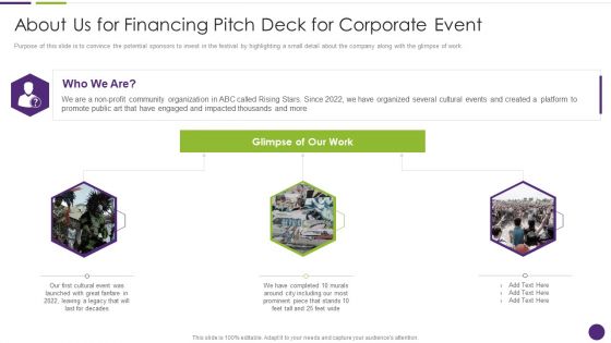 About Us For Financing Pitch Deck For Corporate Event Mockup PDF