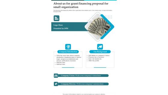 About Us For Grant Financing Proposal For Small Organization One Pager Sample Example Document