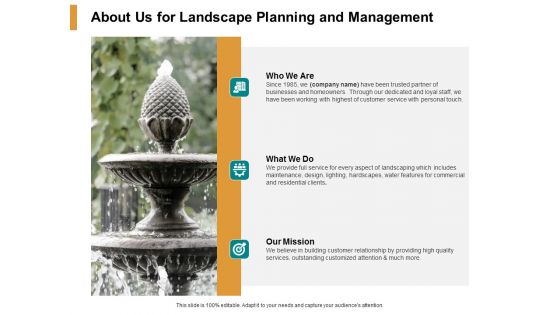 About Us For Landscape Planning And Management Ppt PowerPoint Presentation Ideas Design Inspiration