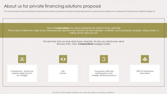 About Us For Private Financing Solutions Proposal Introduction PDF