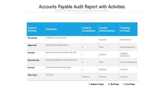 Accounts Payable Audit Report With Activities Ppt PowerPoint Presentation Summary Format Ideas PDF
