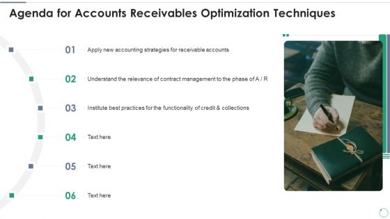 Accounts Receivables Optimization Techniques Agenda For Accounts Receivables Optimization Techniques Template PDF